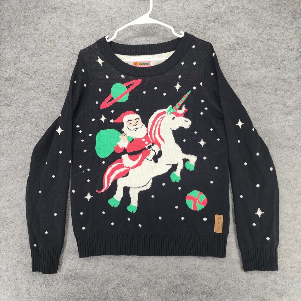 Tipsy Elves Sweater Womens Medium Long Sleeve Black Santa Unicorn